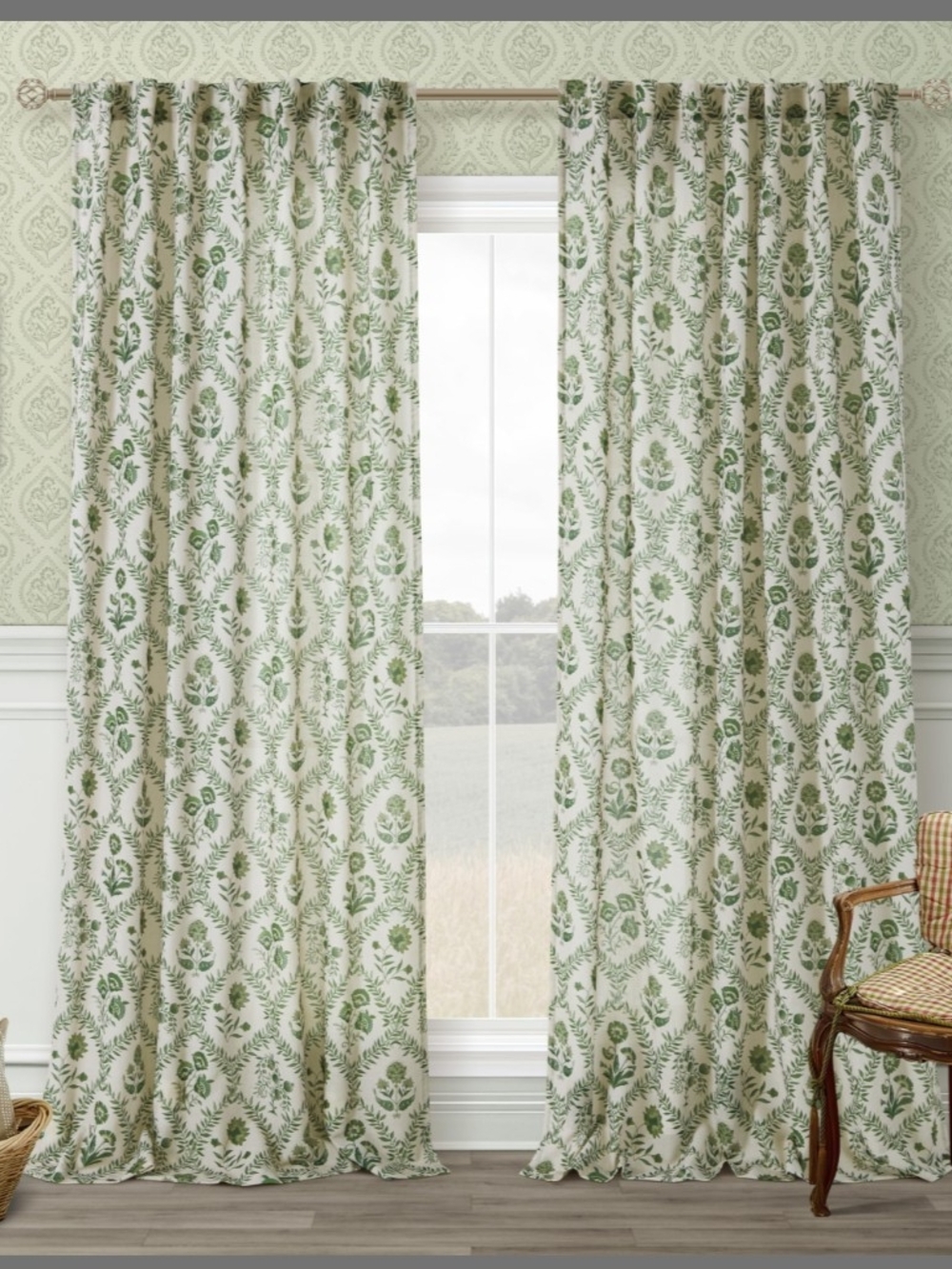 Twopanels Tan And Olive Greened Printed Window Curtains Cottagecore 52"X102"